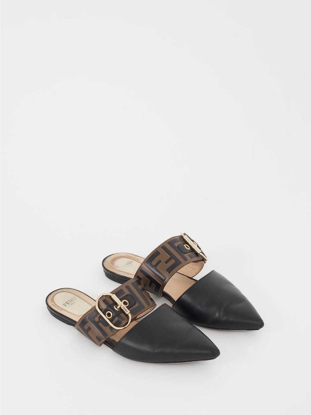 Fendi Black Pointed Leather Slide Mules with FF-Logo Buckle Strap